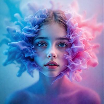 The primary subject of the image is a young girl with blue eyes, wearing a pink and purple floral headpiece. The setting is a colorful, artistic environment, possibly a digital art or illustration. The visual style is a combination of photo and digital art, creating a vibrant and lively atmosphere. The colors and mood of the image are predominantly pink and purple, with a touch of blue, giving it a whimsical and dreamy feel.